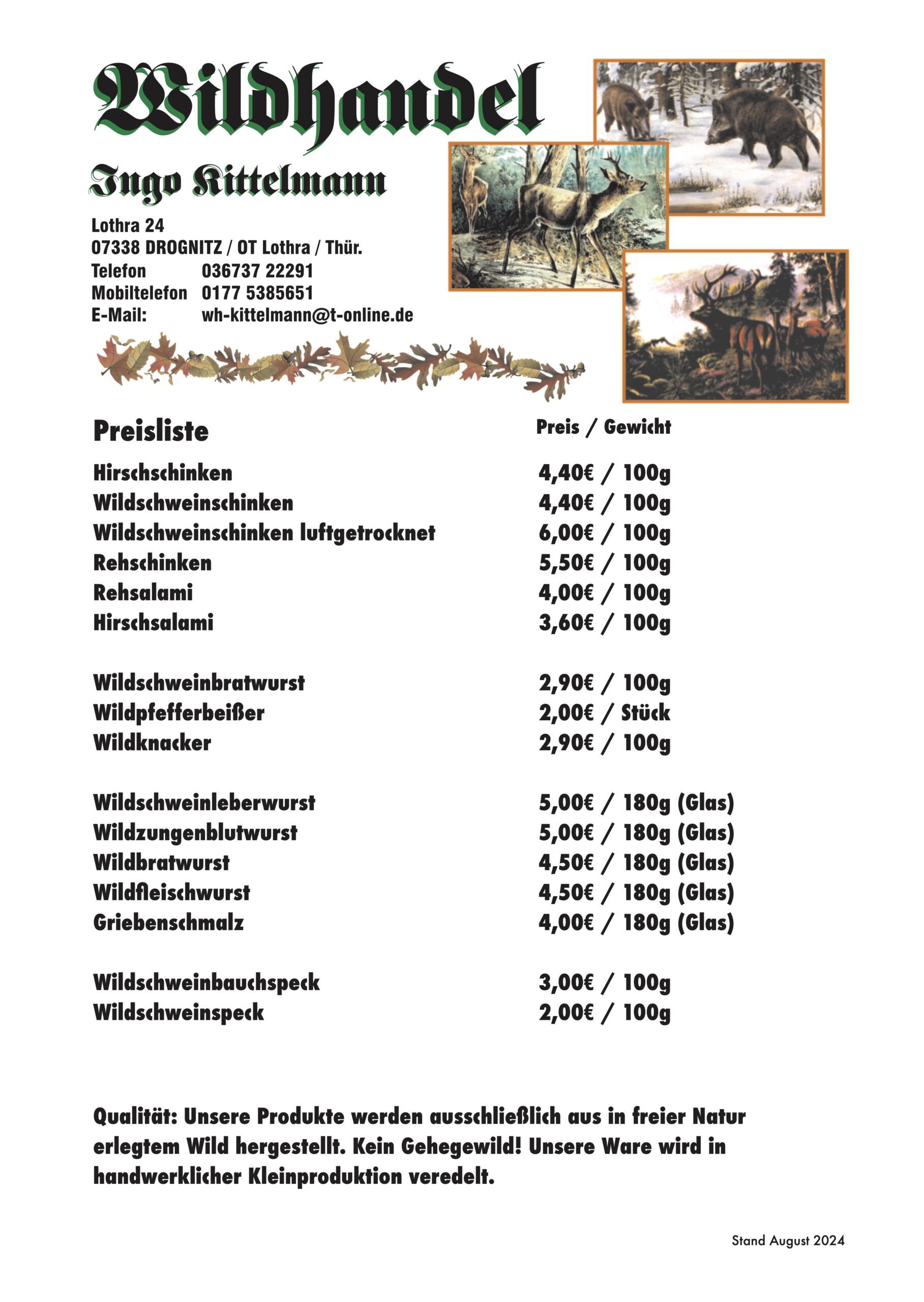 Wildhandel Kittelmann – Wildwurst und Schinken Produktübersicht